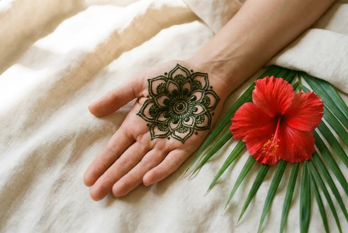 Main ornée de henné naturel à La Réunion, motifs traditionnels et hibiscus