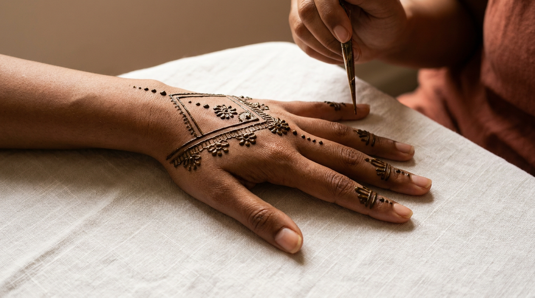 Henné main débutante - artisan applique motif simple avec cône sur main brune, fond crème, atelier La Réunion 974 Tiitoune Art