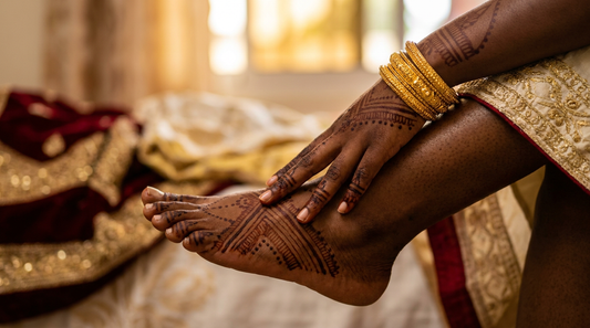 Mariée Comorienne pieds Msindzano - motifs géométriques traditionnels, bijoux or fabric mariage La Réunion 974