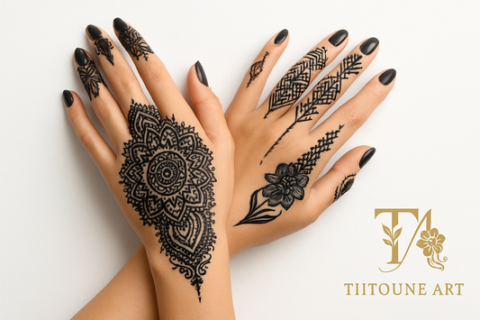 Mains avec tatouages jagua noirs — motifs faciles à reproduire, Tiitoune Art La Réunion 974