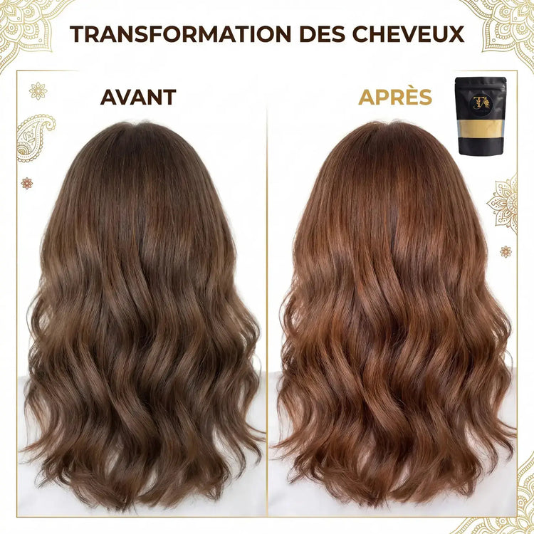 Avant après d'une coloration au henné sur cheveux, reflets cuivrés naturels
