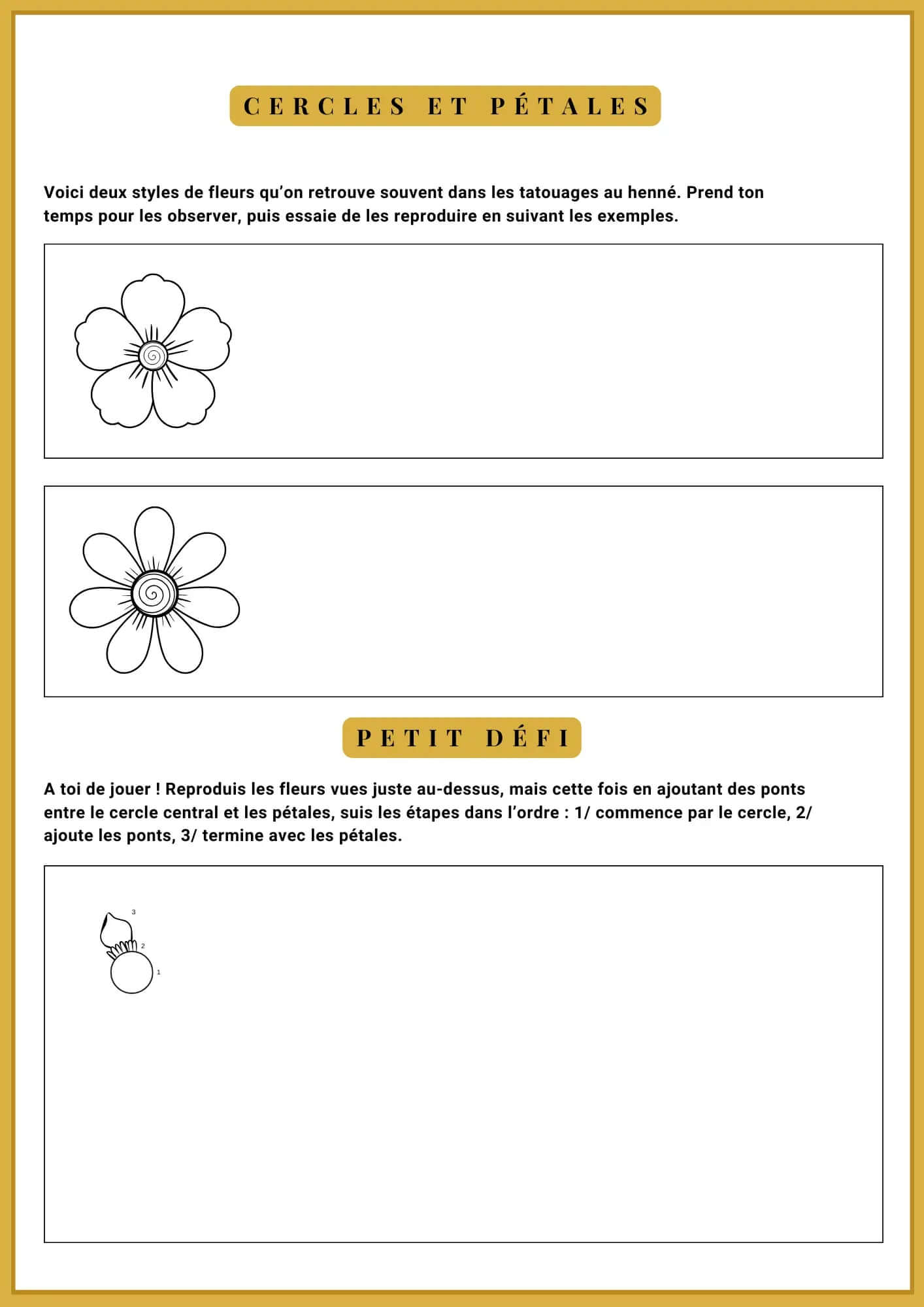 Livret Henné Débutant – Guide PDF prêt à imprimer avec des exemples de dessins de fleurs et défis de dessin.